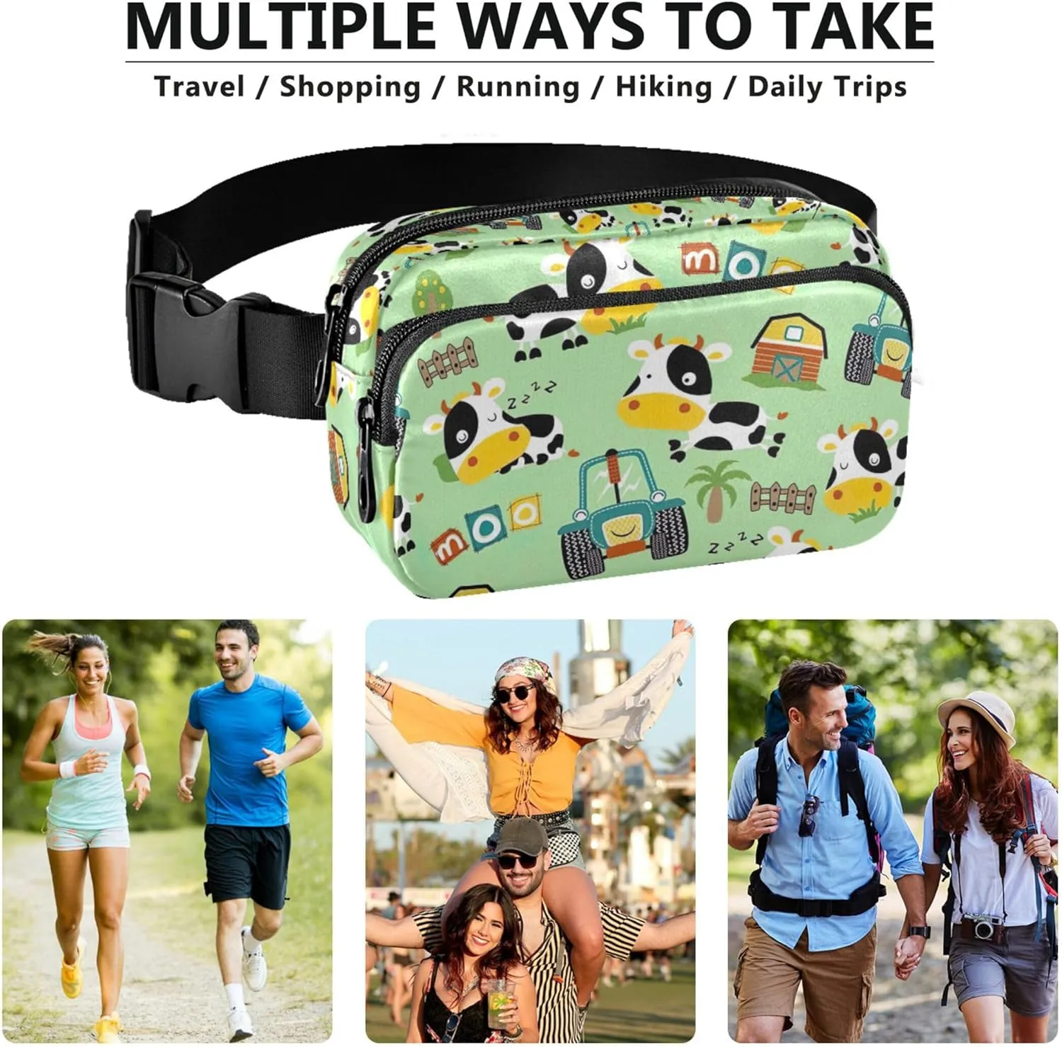 Personalized Cow Farm Animals Truck Women Fanny Pack Waterproof Belt Bags Hip Pack Cute Travel Waist Pouch