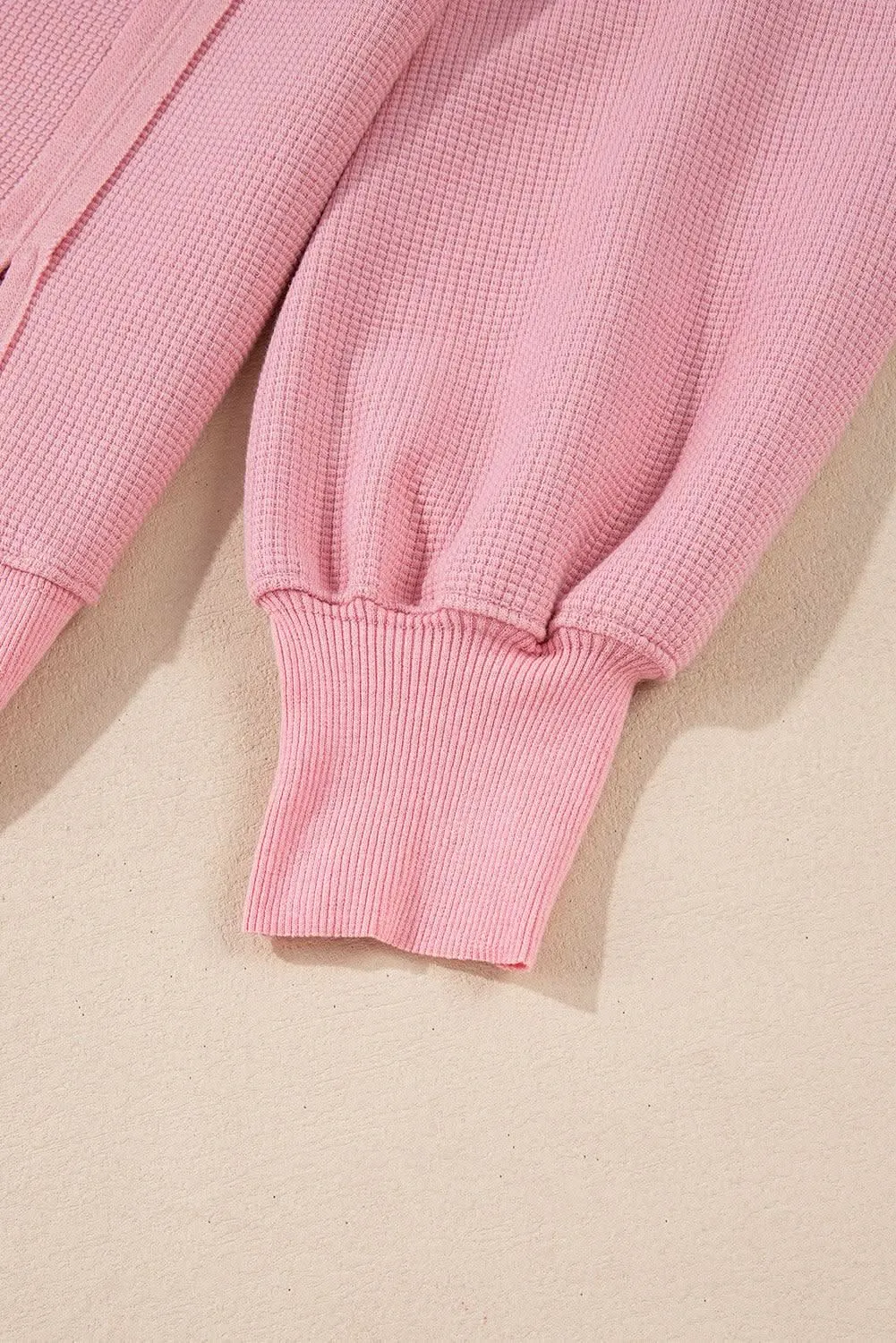 Pink Waffle Knit Bishop Sleeve Split Oversized Sweatshirt