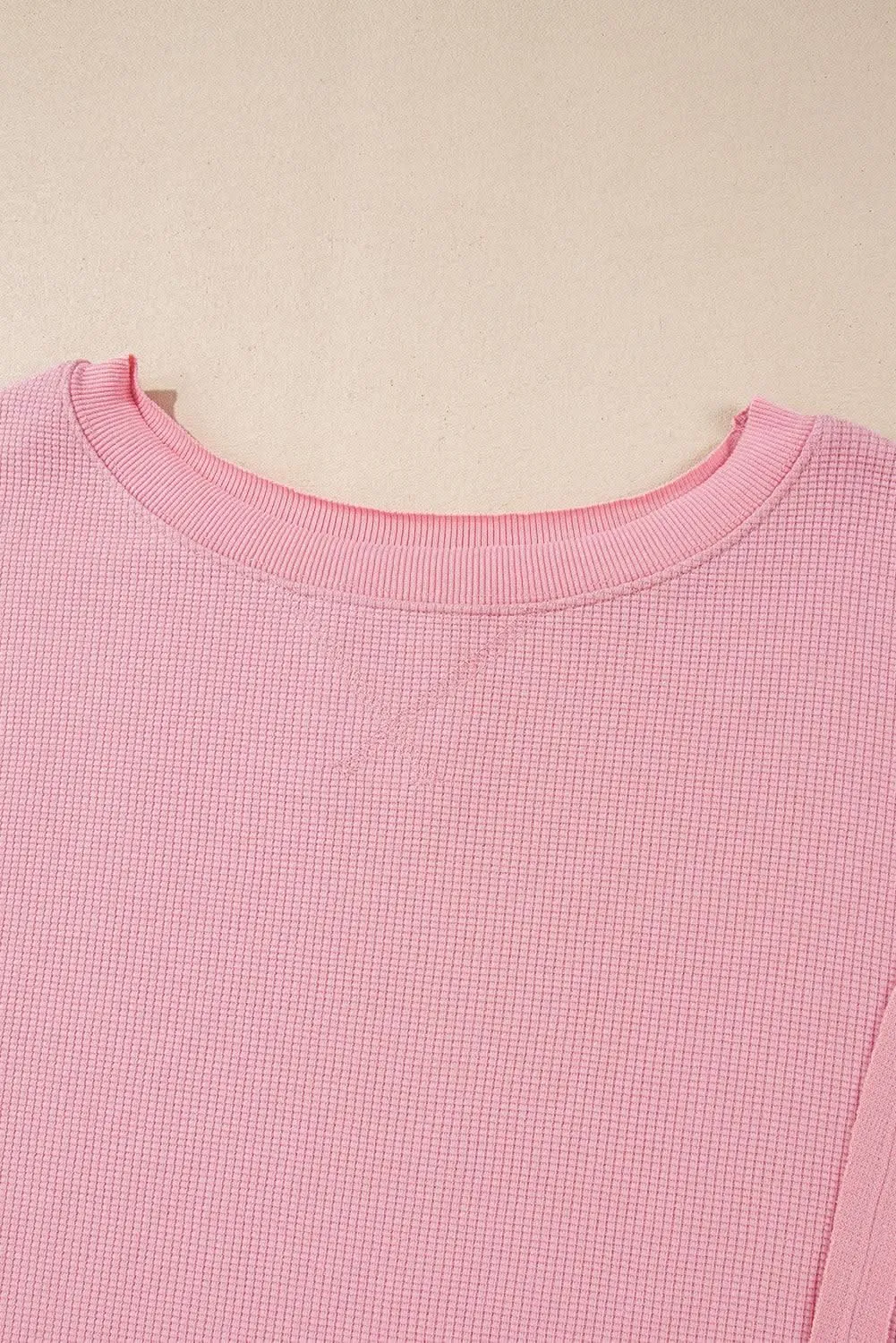 Pink Waffle Knit Bishop Sleeve Split Oversized Sweatshirt