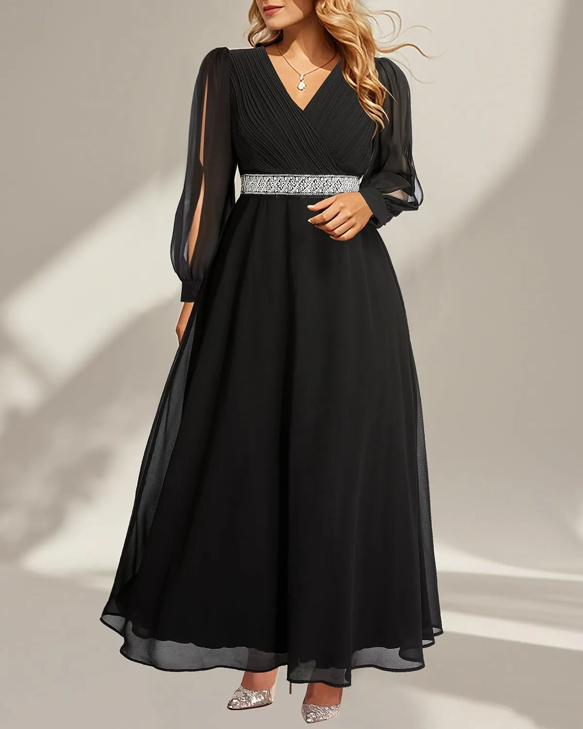 Pinup Fashion Women Plus Size Formal Dresses - Evening Gown Long Sleeve Chiffon Beading Maxi Dress