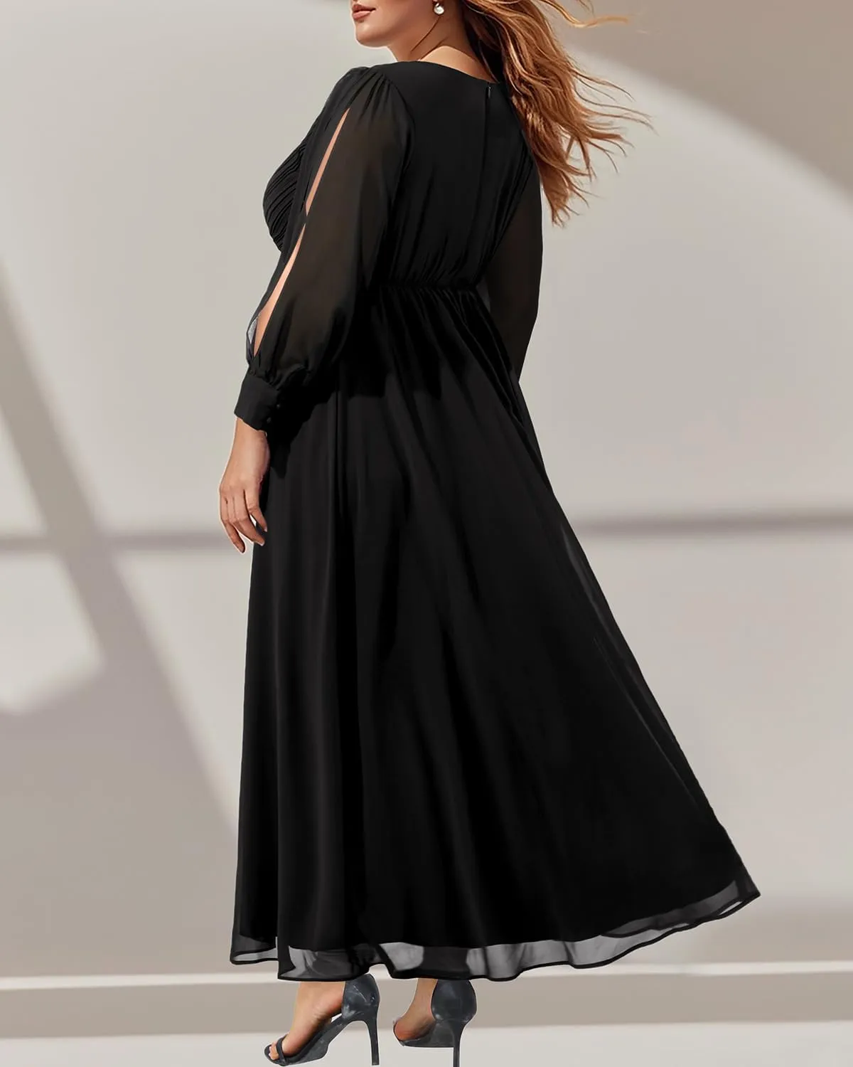 Pinup Fashion Women Plus Size Formal Dresses - Evening Gown Long Sleeve Chiffon Beading Maxi Dress