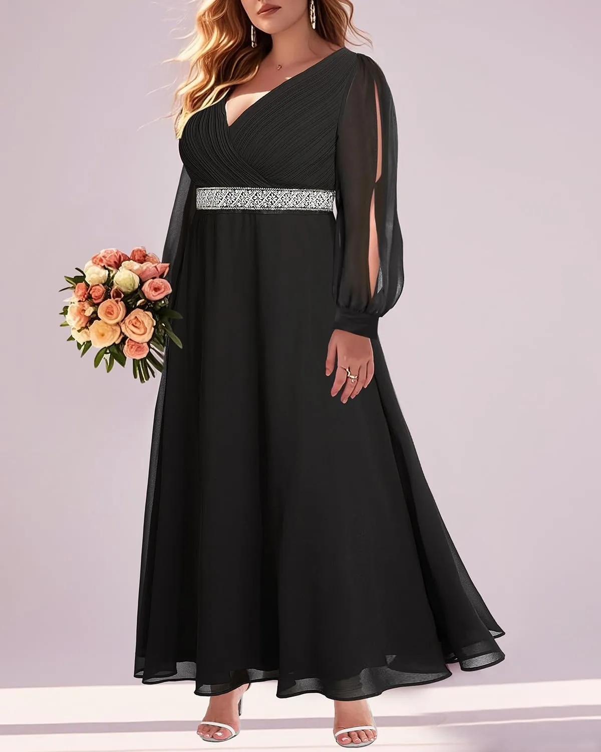 Pinup Fashion Women Plus Size Formal Dresses - Evening Gown Long Sleeve Chiffon Beading Maxi Dress