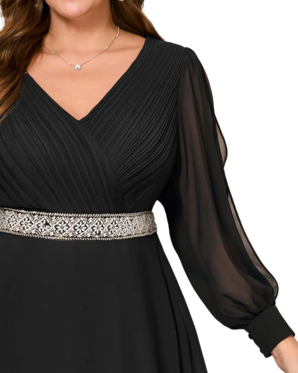 Pinup Fashion Women Plus Size Formal Dresses - Evening Gown Long Sleeve Chiffon Beading Maxi Dress