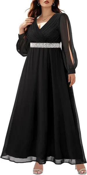 Pinup Fashion Women Plus Size Formal Dresses - Evening Gown Long Sleeve Chiffon Beading Maxi Dress