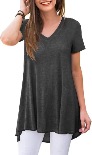 POPYOUNG Women's Long Tunic Tops to Wear with Leggings Summer Short Sleeve Loose Fit Dressy Shirts M-5XL