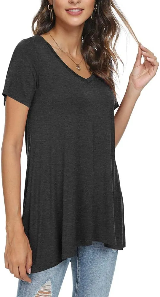 POPYOUNG Women's Long Tunic Tops to Wear with Leggings Summer Short Sleeve Loose Fit Dressy Shirts M-5XL