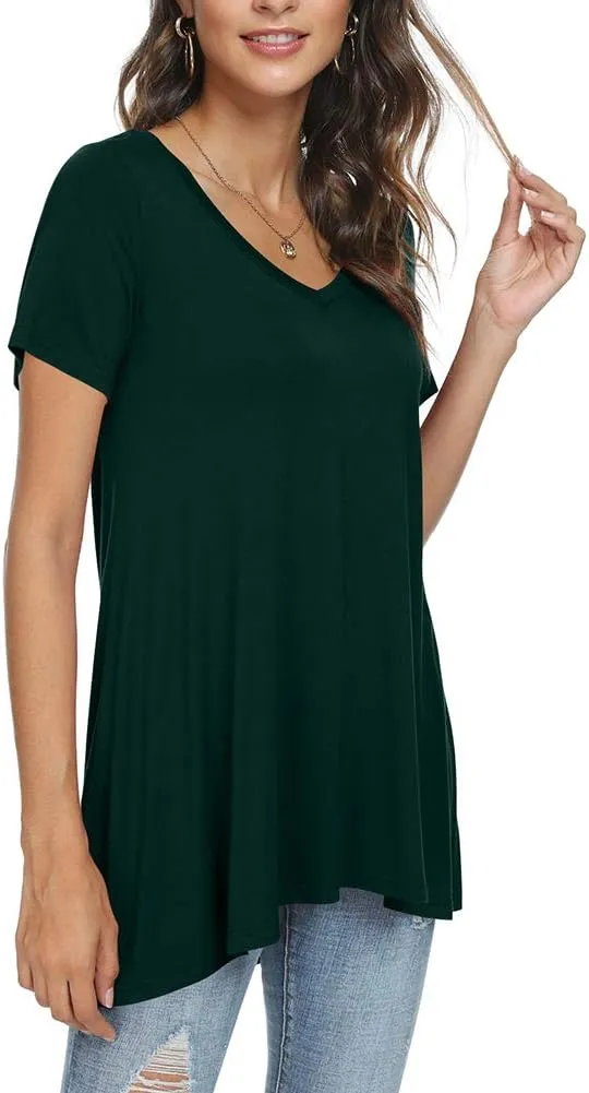 POPYOUNG Women's Long Tunic Tops to Wear with Leggings Summer Short Sleeve Loose Fit Dressy Shirts M-5XL