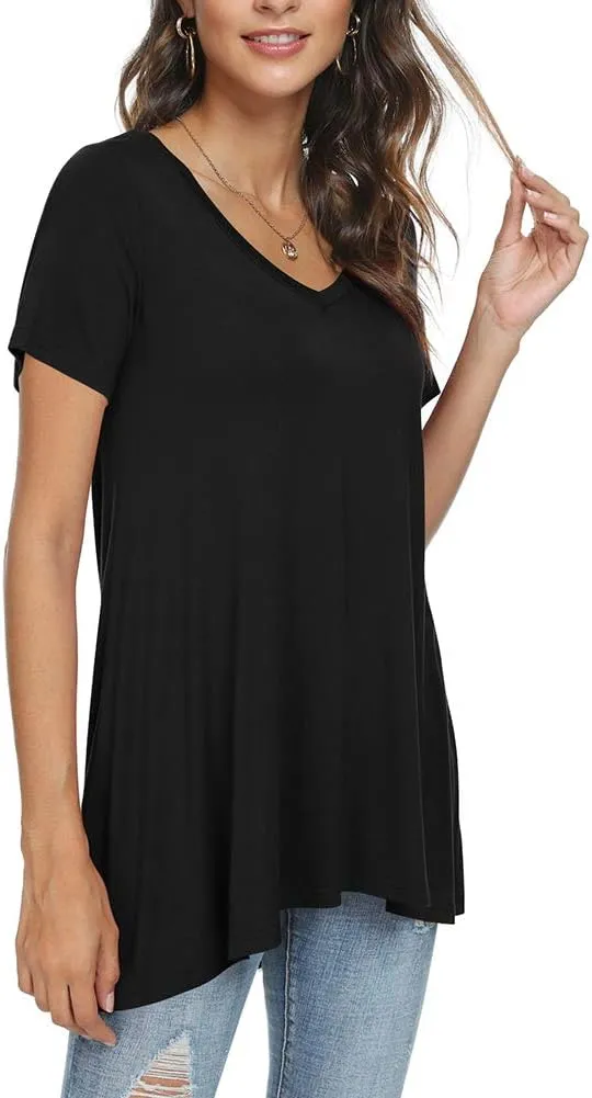 POPYOUNG Women's Long Tunic Tops to Wear with Leggings Summer Short Sleeve Loose Fit Dressy Shirts M-5XL