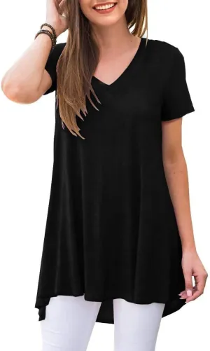 POPYOUNG Women's Long Tunic Tops to Wear with Leggings Summer Short Sleeve Loose Fit Dressy Shirts M-5XL