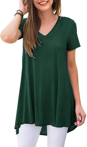 POPYOUNG Women's Long Tunic Tops to Wear with Leggings Summer Short Sleeve Loose Fit Dressy Shirts M-5XL