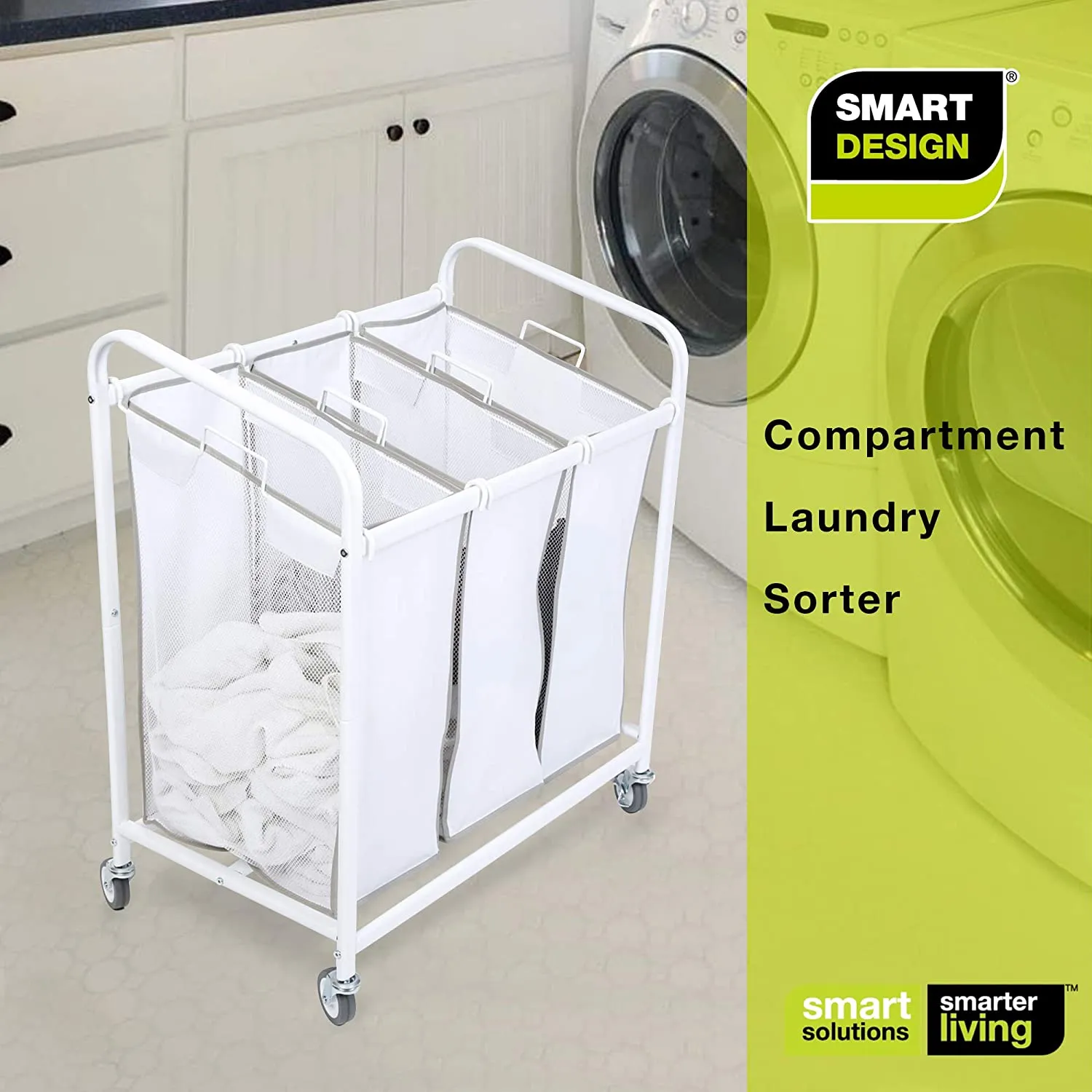 Premium Rolling 3-Compartment Mesh Laundry Sorter Hamper with Wheels and Handles - Holds 9 Loads
