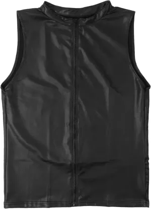 PU Leather Vest Undershirt for MenZipper Stand Collar Shirt Sleeveless TopsMuscle Waistcoats Clubwear Costumes