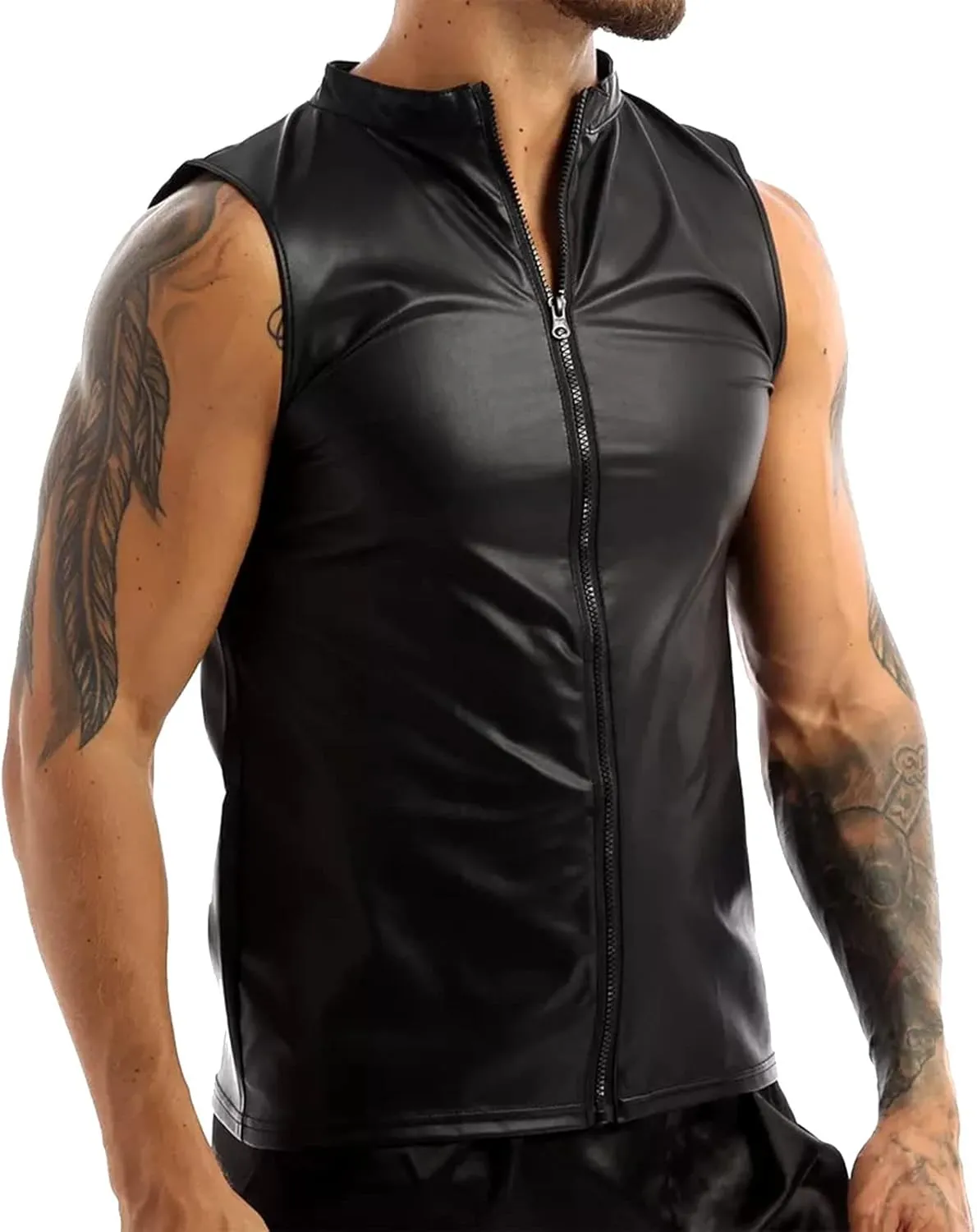 PU Leather Vest Undershirt for MenZipper Stand Collar Shirt Sleeveless TopsMuscle Waistcoats Clubwear Costumes