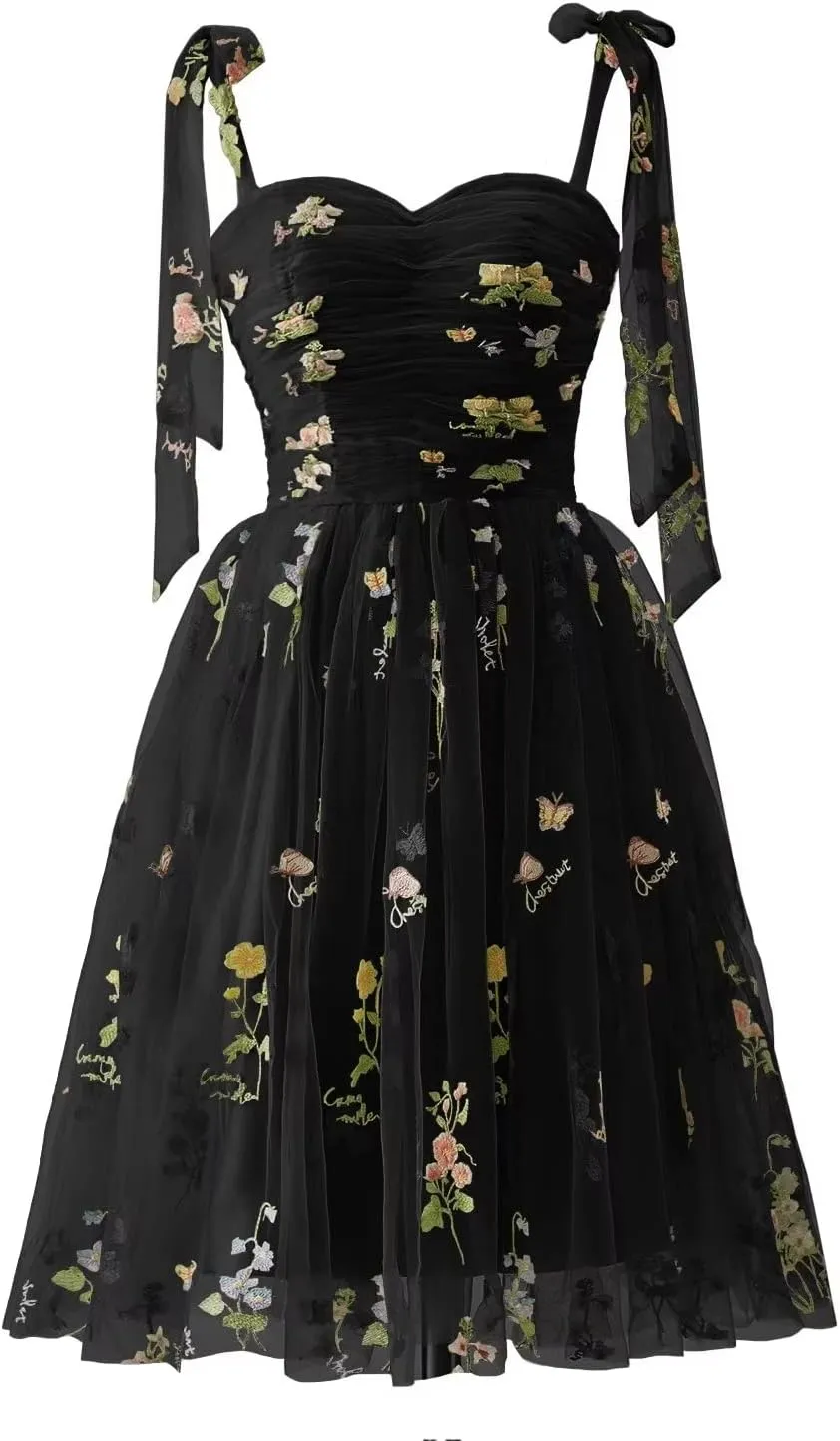 Puffy Sleeve Prom Dresses Flower Embroidery Tulle Backless A-line Lace Formal Evening Party Gown for Women