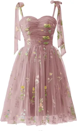 Puffy Sleeve Prom Dresses Flower Embroidery Tulle Backless A-line Lace Formal Evening Party Gown for Women
