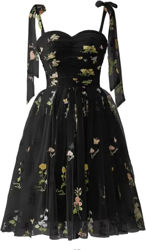 Puffy Sleeve Prom Dresses Flower Embroidery Tulle Backless A-line Lace Formal Evening Party Gown for Women