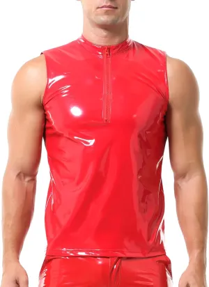 QiaTi Men's Faux Leather Vest Undershirt Mens Sleeveless Tank Top Zipper Stand Collar Shirt Muscle Waistcoats Fit Athletic