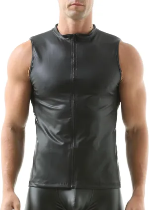 QiaTi Men's Faux Leather Vest Undershirt Mens Sleeveless Tank Top Zipper Stand Collar Shirt Muscle Waistcoats Fit Athletic