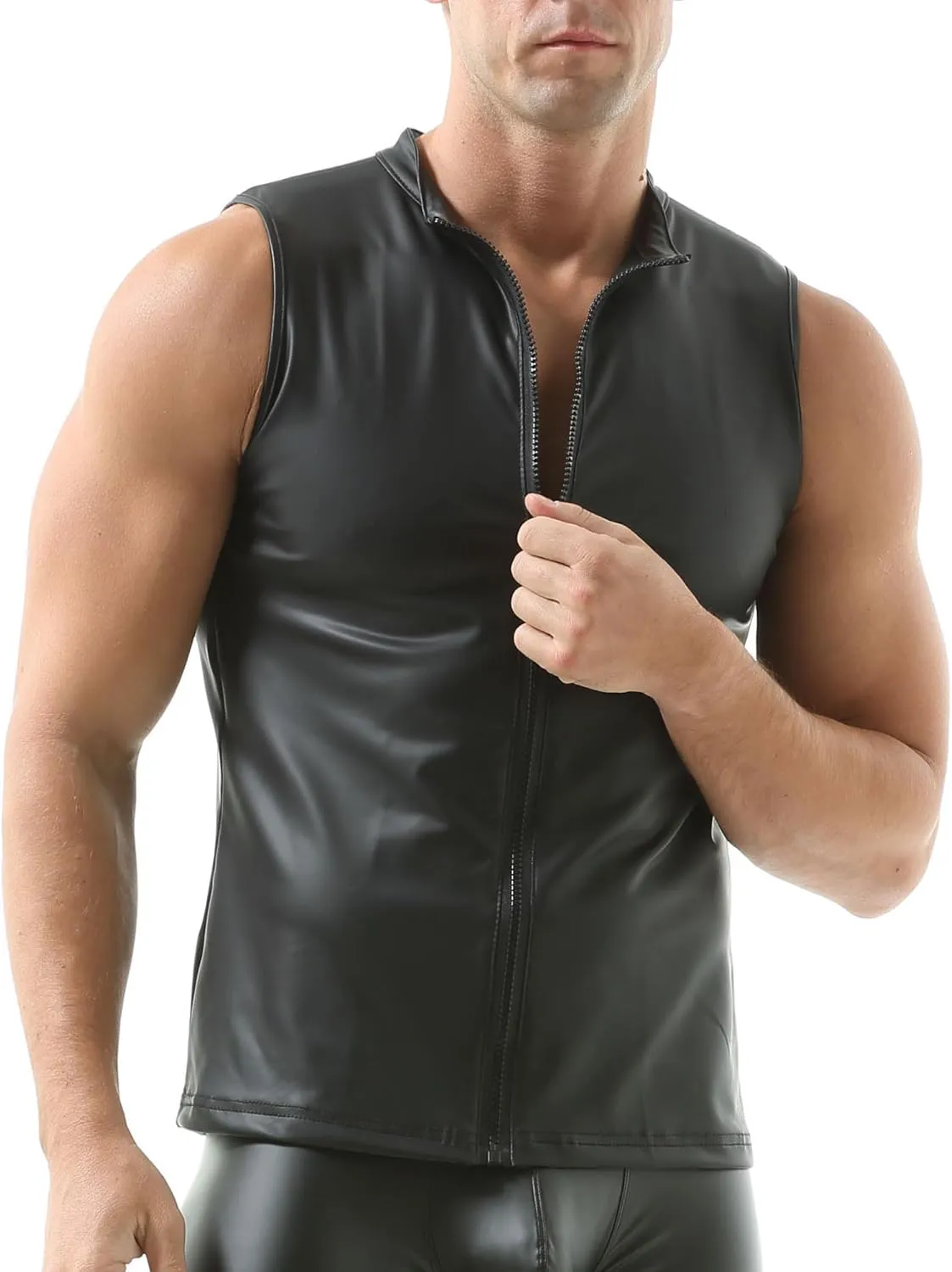 QiaTi Men's Faux Leather Vest Undershirt Mens Sleeveless Tank Top Zipper Stand Collar Shirt Muscle Waistcoats Fit Athletic
