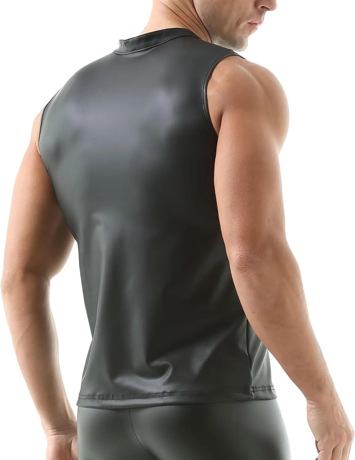 QiaTi Men's Faux Leather Vest Undershirt Mens Sleeveless Tank Top Zipper Stand Collar Shirt Muscle Waistcoats Fit Athletic