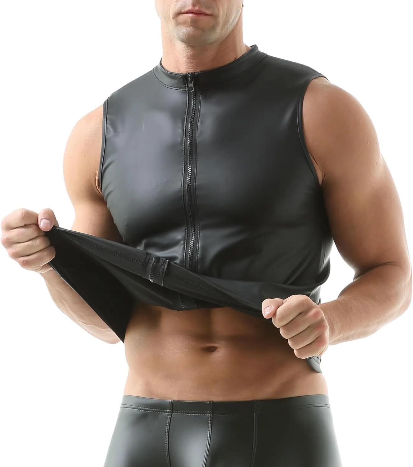 QiaTi Men's Faux Leather Vest Undershirt Mens Sleeveless Tank Top Zipper Stand Collar Shirt Muscle Waistcoats Fit Athletic