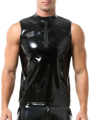 QiaTi Men's Faux Leather Vest Undershirt Mens Sleeveless Tank Top Zipper Stand Collar Shirt Muscle Waistcoats Fit Athletic