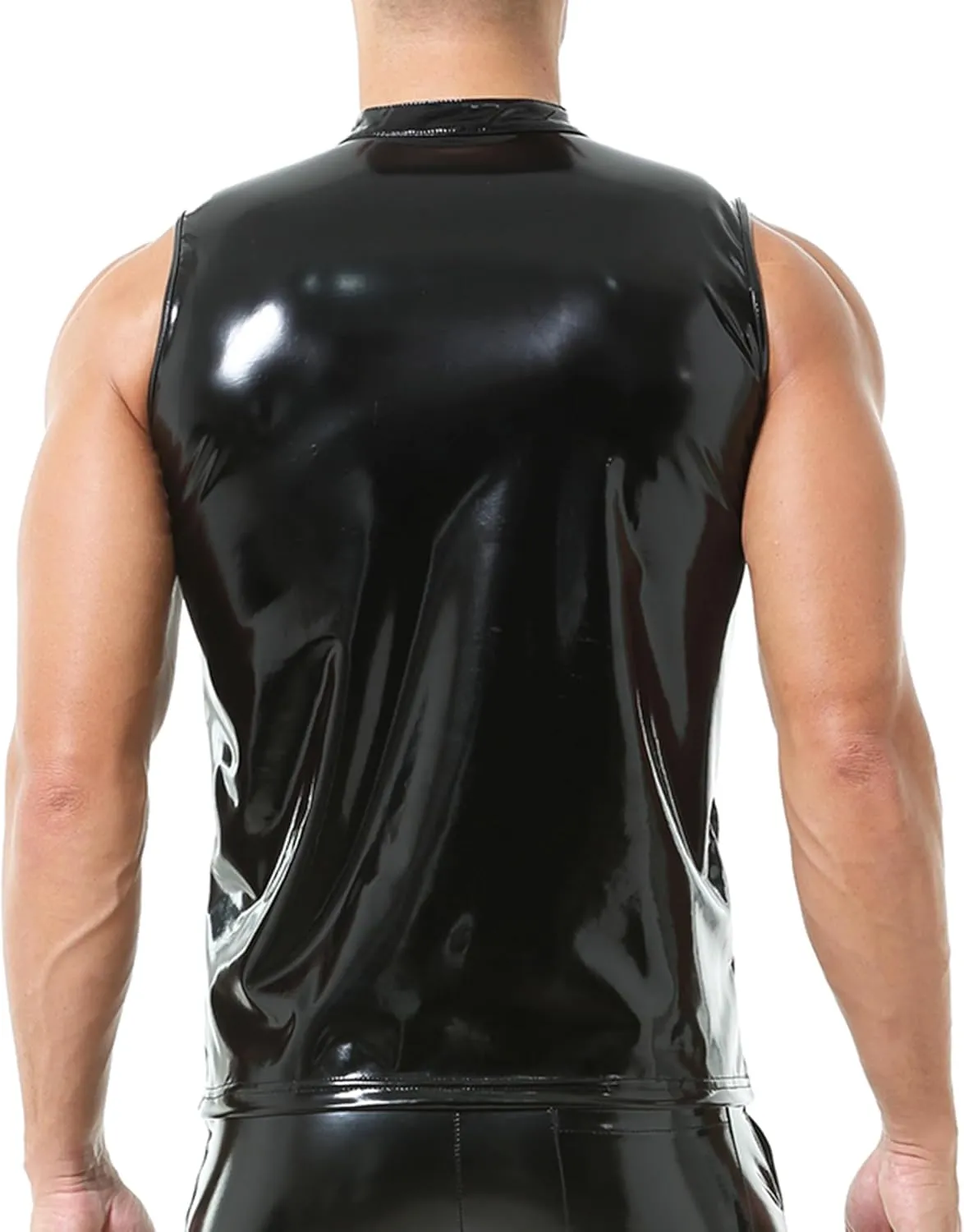 QiaTi Men's Faux Leather Vest Undershirt Mens Sleeveless Tank Top Zipper Stand Collar Shirt Muscle Waistcoats Fit Athletic