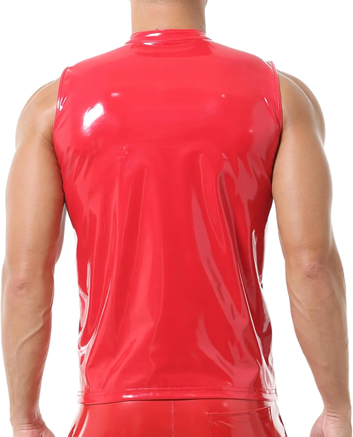 QiaTi Men's Faux Leather Vest Undershirt Mens Sleeveless Tank Top Zipper Stand Collar Shirt Muscle Waistcoats Fit Athletic
