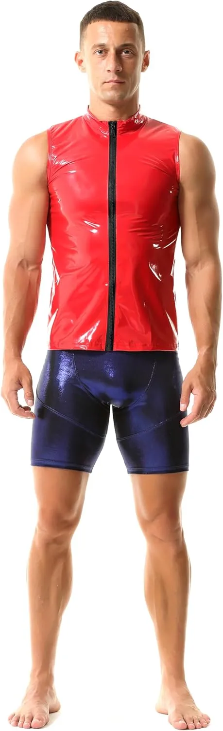 QiaTi Men's Faux Leather Vest Undershirt Mens Sleeveless Tank Top Zipper Stand Collar Shirt Muscle Waistcoats Fit Athletic