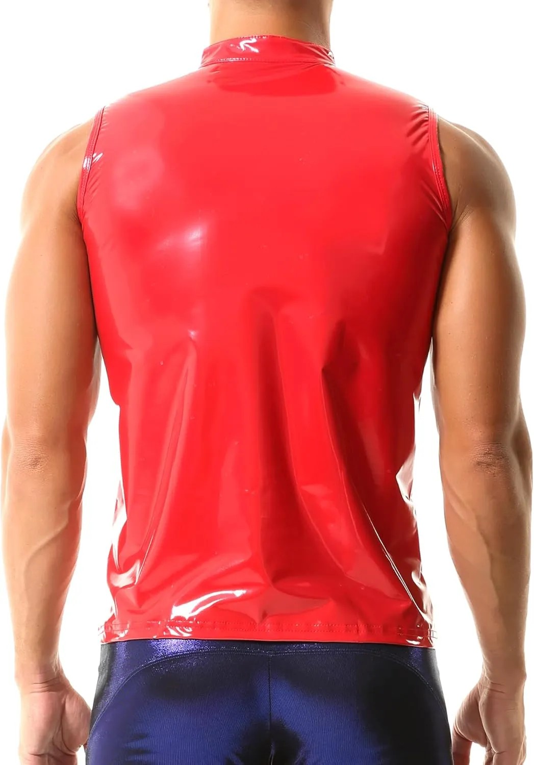 QiaTi Men's Faux Leather Vest Undershirt Mens Sleeveless Tank Top Zipper Stand Collar Shirt Muscle Waistcoats Fit Athletic