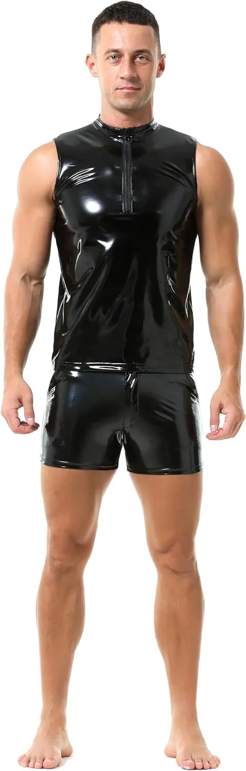 QiaTi Men's Faux Leather Vest Undershirt Mens Sleeveless Tank Top Zipper Stand Collar Shirt Muscle Waistcoats Fit Athletic