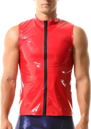 QiaTi Men's Faux Leather Vest Undershirt Mens Sleeveless Tank Top Zipper Stand Collar Shirt Muscle Waistcoats Fit Athletic