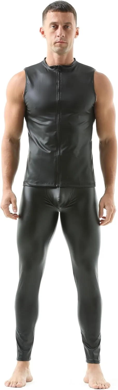 QiaTi Men's Faux Leather Vest Undershirt Mens Sleeveless Tank Top Zipper Stand Collar Shirt Muscle Waistcoats Fit Athletic