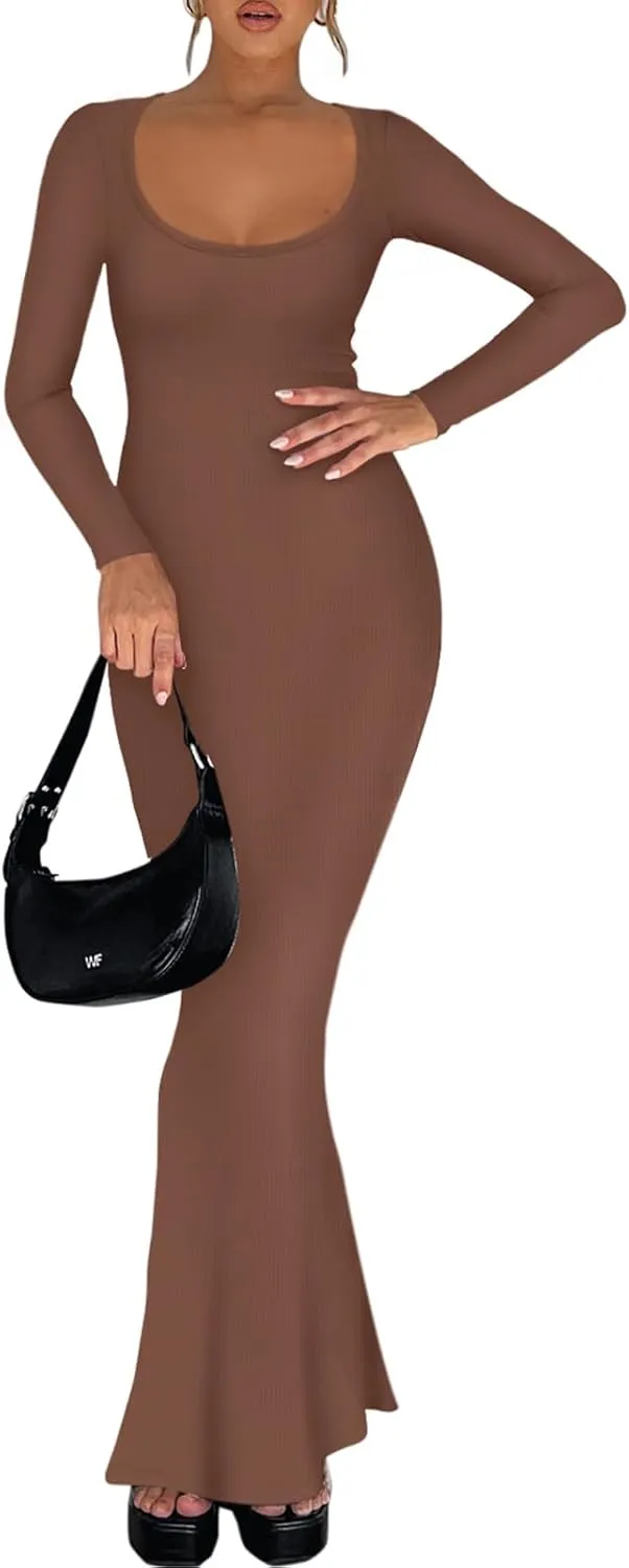 REORIA Womens Basic Sexy Square Neck Long Sleeve Soft Lounge Long Dress Fall Casual Ribbed Bodycon Maxi Dresses