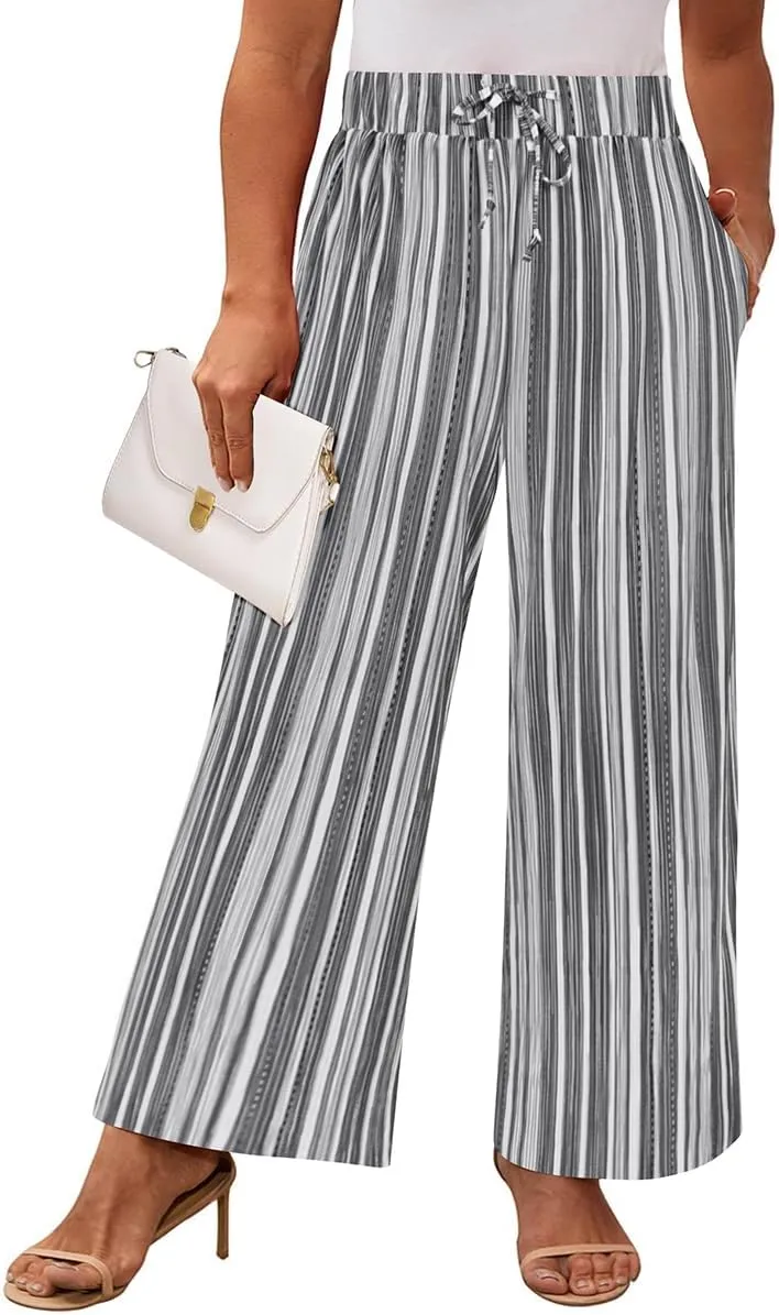 RITERA Womens Plus Size Elastic Waist Wide Leg Pants with Pockets Casual Loose High Waist Pleated Lounge Palazzo Trousers