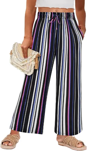 RITERA Womens Plus Size Elastic Waist Wide Leg Pants with Pockets Casual Loose High Waist Pleated Lounge Palazzo Trousers
