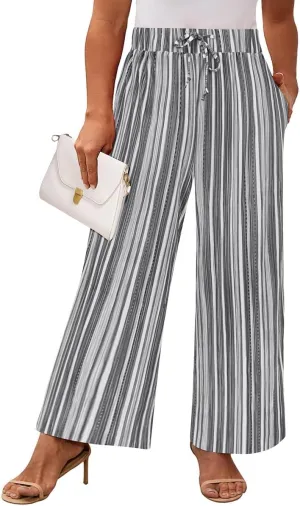 RITERA Womens Plus Size Elastic Waist Wide Leg Pants with Pockets Casual Loose High Waist Pleated Lounge Palazzo Trousers