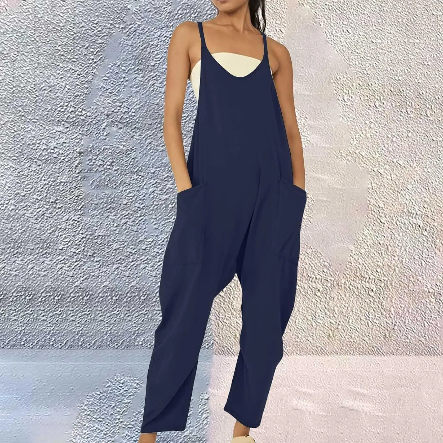 Rompers for Women Casual Summer Jumpsuits Oversized Sleeveless Loose Spaghetti Strap Harem Pants Overalls with Pocket