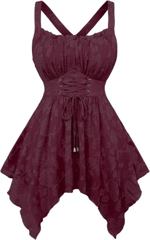 ROSE GAL Rosegal Plus Size Women Flower Jacquard Lace-up Ruched Sleeveless Blouse Flowy Handkerchief Hem Tank Top