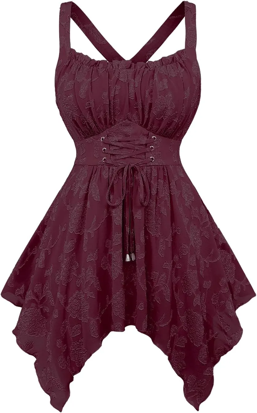 ROSE GAL Rosegal Plus Size Women Flower Jacquard Lace-up Ruched Sleeveless Blouse Flowy Handkerchief Hem Tank Top