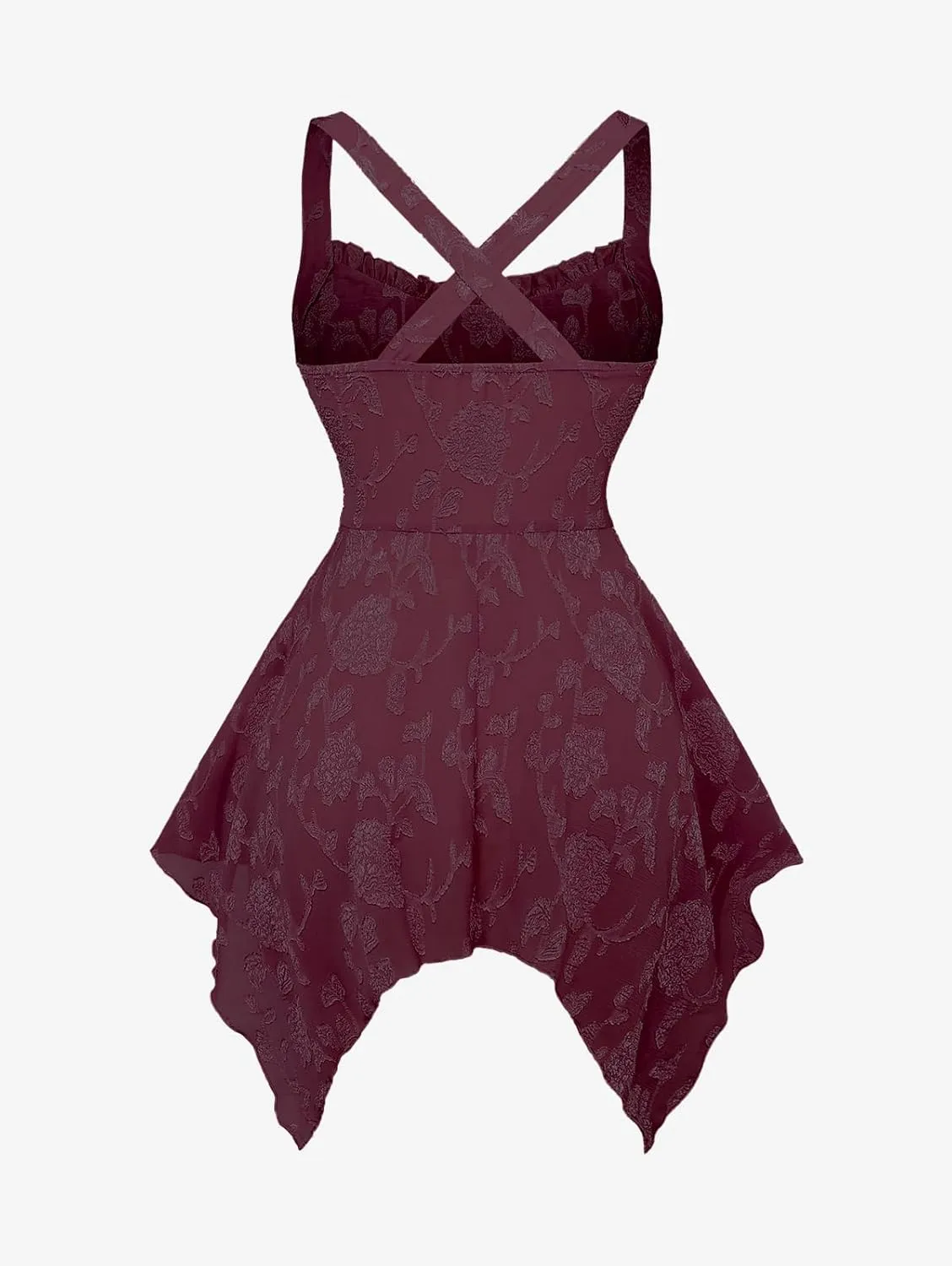ROSE GAL Rosegal Plus Size Women Flower Jacquard Lace-up Ruched Sleeveless Blouse Flowy Handkerchief Hem Tank Top