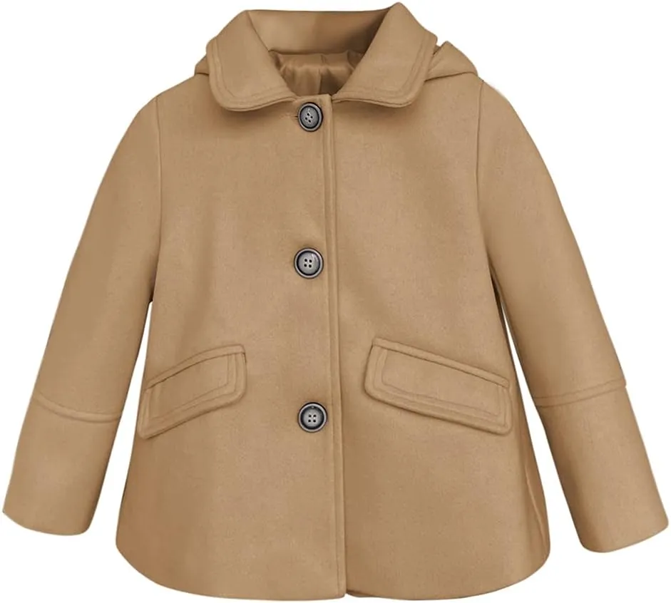 rrhss Baby Girls Button Formal Coat Toddler Kids Hooded Woolen Jacket Fall Winter Outwear