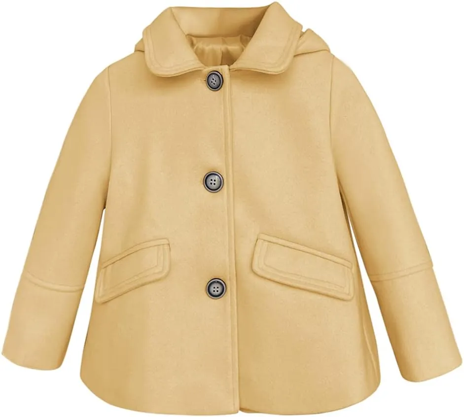 rrhss Baby Girls Button Formal Coat Toddler Kids Hooded Woolen Jacket Fall Winter Outwear