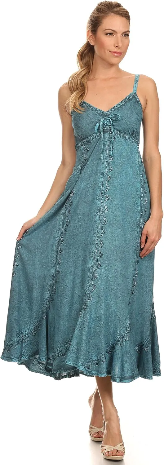 Sakkas Allie Stonewashed Embroidered Adjustable Spaghetti Straps Long Dress