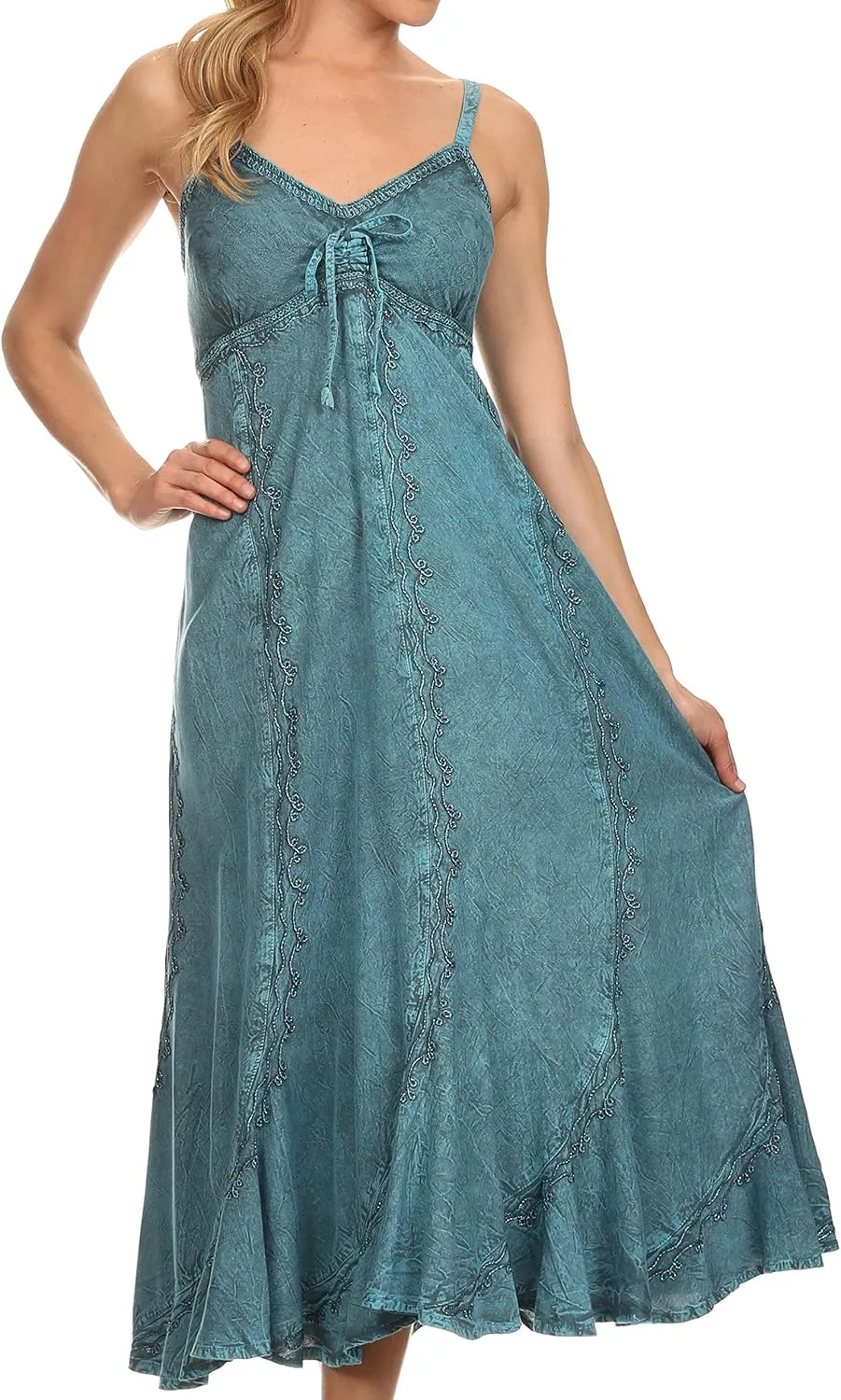 Sakkas Allie Stonewashed Embroidered Adjustable Spaghetti Straps Long Dress