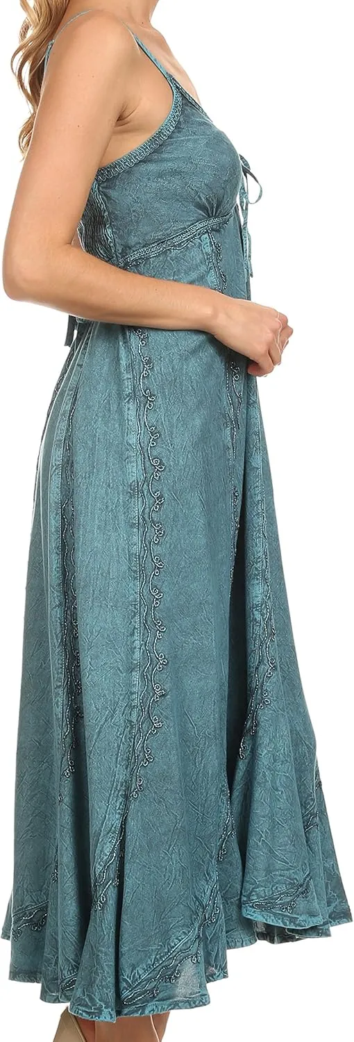 Sakkas Allie Stonewashed Embroidered Adjustable Spaghetti Straps Long Dress