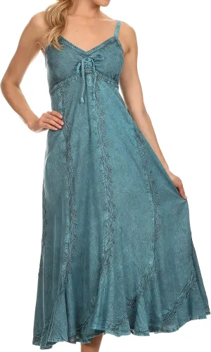 Sakkas Allie Stonewashed Embroidered Adjustable Spaghetti Straps Long Dress