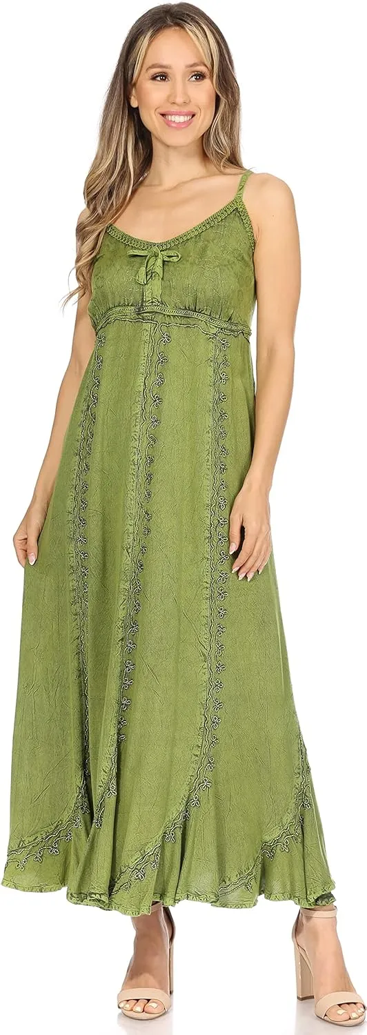 Sakkas Allie Stonewashed Embroidered Adjustable Spaghetti Straps Long Dress