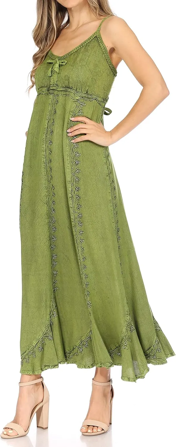 Sakkas Allie Stonewashed Embroidered Adjustable Spaghetti Straps Long Dress