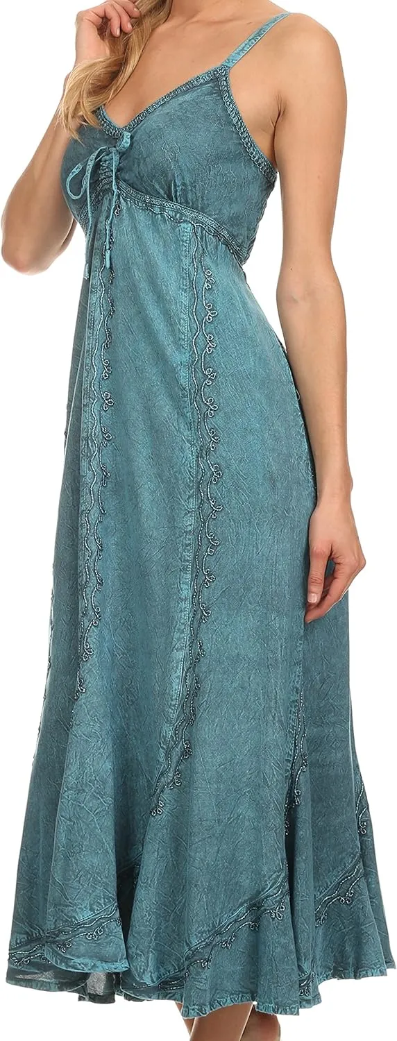 Sakkas Allie Stonewashed Embroidered Adjustable Spaghetti Straps Long Dress